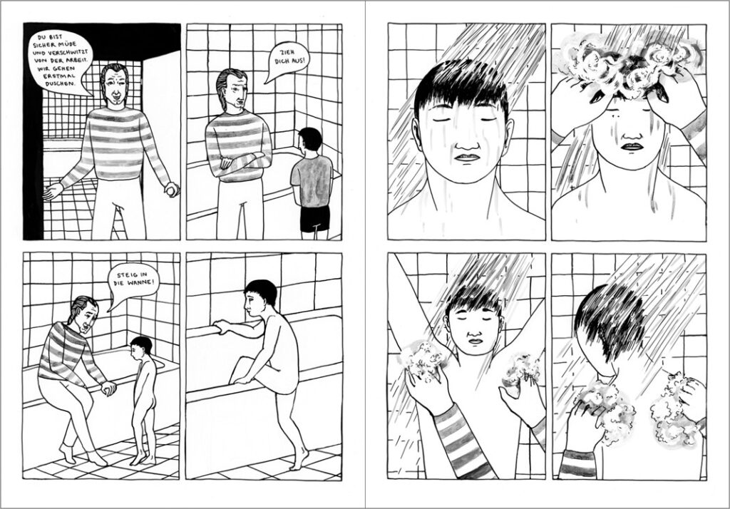 Acht Einzelbilder einer Comic-Sequenz, die jeweils einen nackten Jungen im Badezimmer mit einem Mann zeigen.