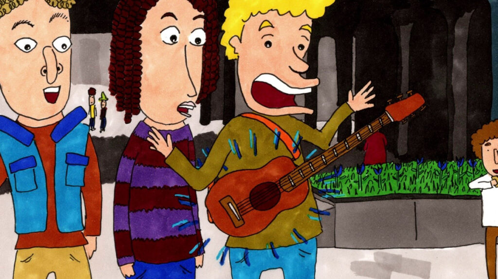 Zeichnung von drei Männern auf einem Platz; einer hat eine Gitarre umgehängt.