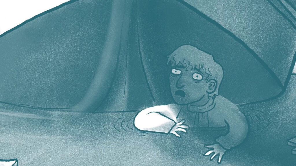 Zeichnung eines Mannes, der bis zum Oberkörper im Wasser steht.