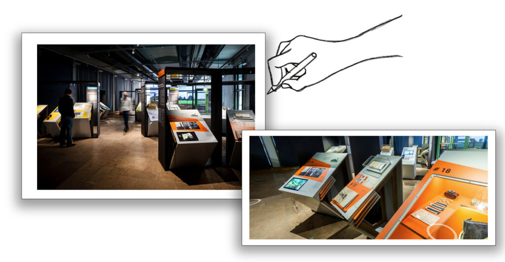 Zwei Fotografien mit dem Blick in eine Ausstellung als Ensemble mit einer gezeichneten schreibenden Hand