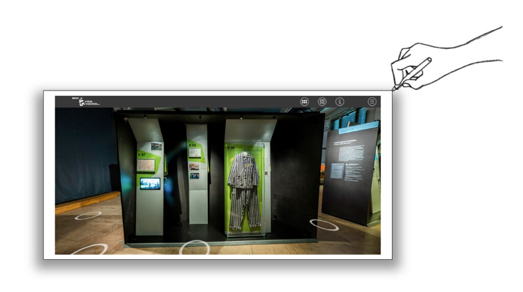 Foto: Blick in einen Ausstellungsraum mit Exponaten; auf dem Boden vier digitale Kreise.