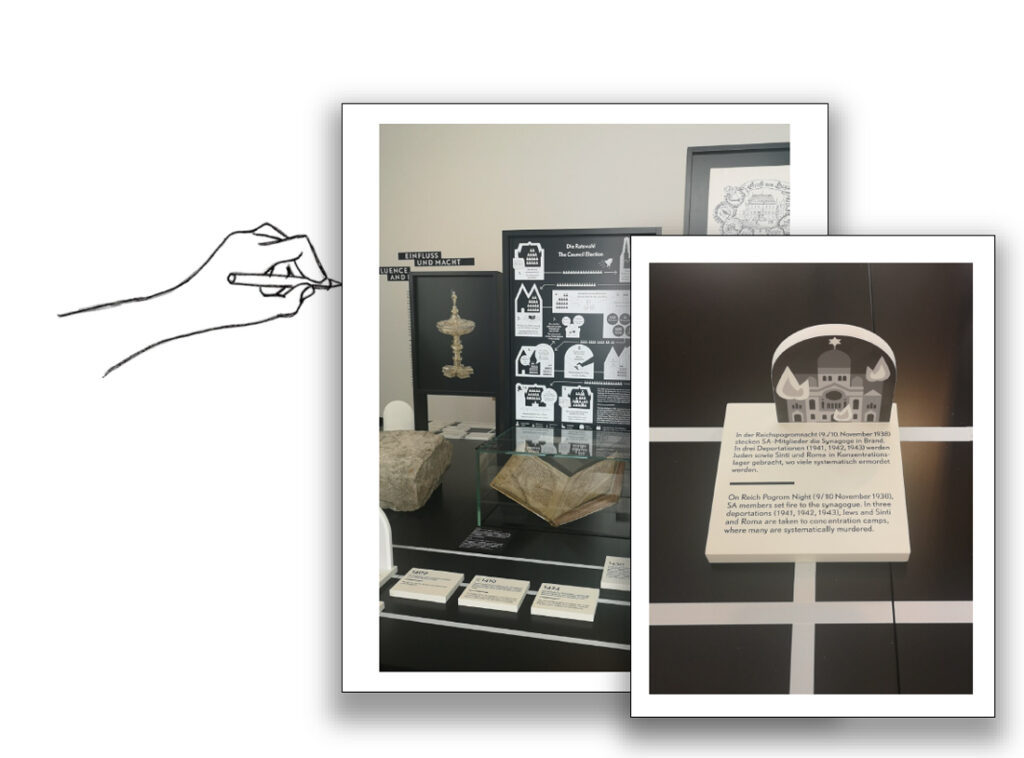 Zwei Fotografien mit Exponaten einer Ausstellung als Ensemble mit einer gezeichneten schreibenden Hand