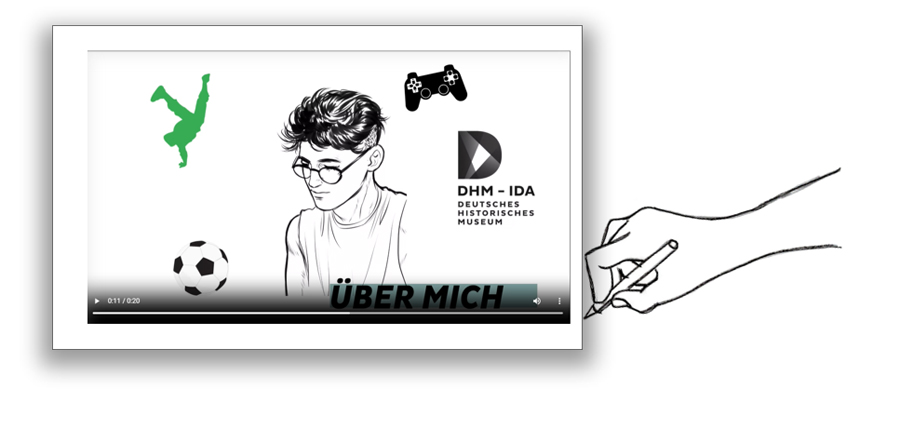 Videostill: gezeichneter Junge u.a. mit Fußball sowie DHM-Logo