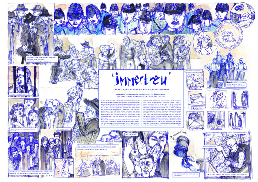 Viele Einzelszenen von einer Gerichtsverhandlung, Polizisten, Frauen, einem Zeitungsleser etc.; in der Mitte Text