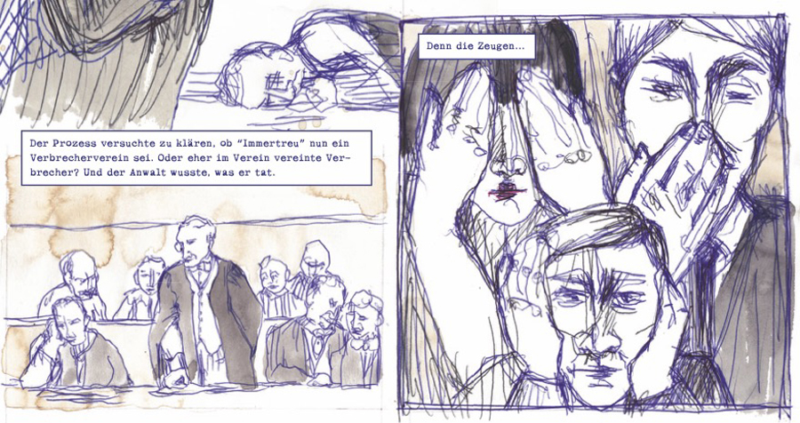 Drei gezeichnete Szenen einer Gerichtsverhandlung